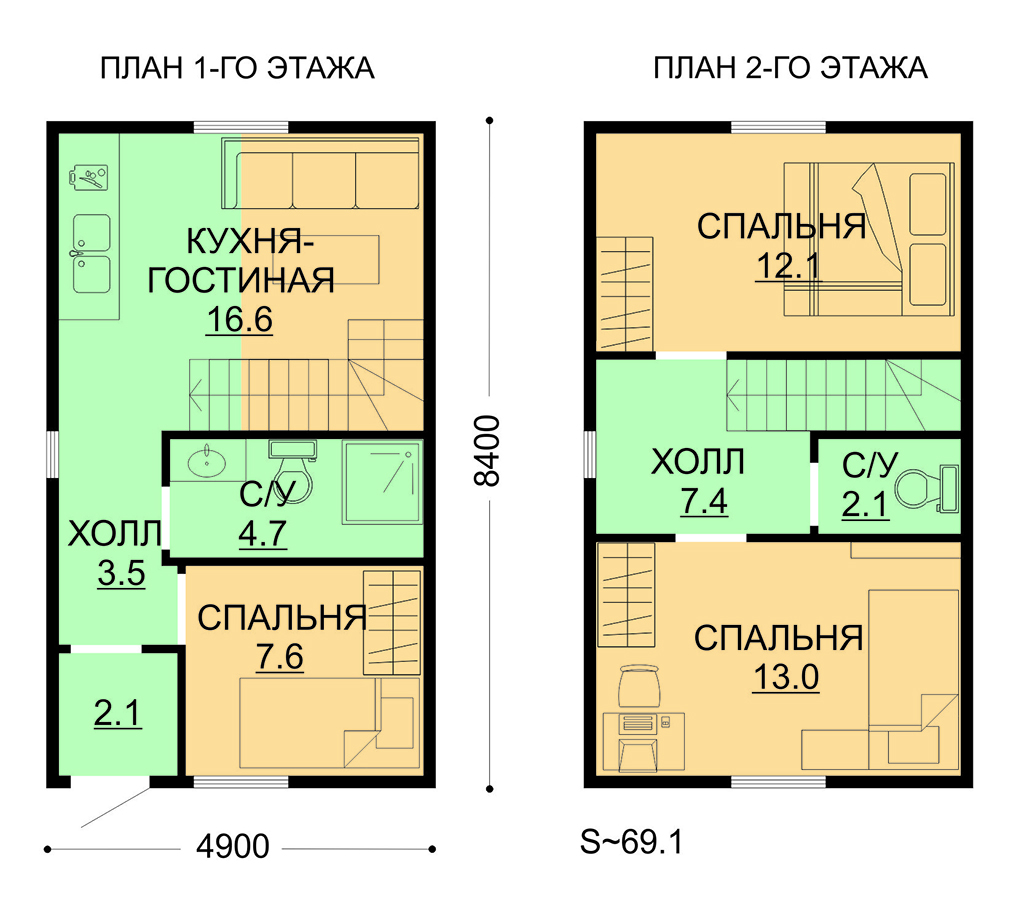 Проект ССК-69 — дом 8,4х4,9 69 кв.м. — до 100 кв.м. от ССК-ДОМ